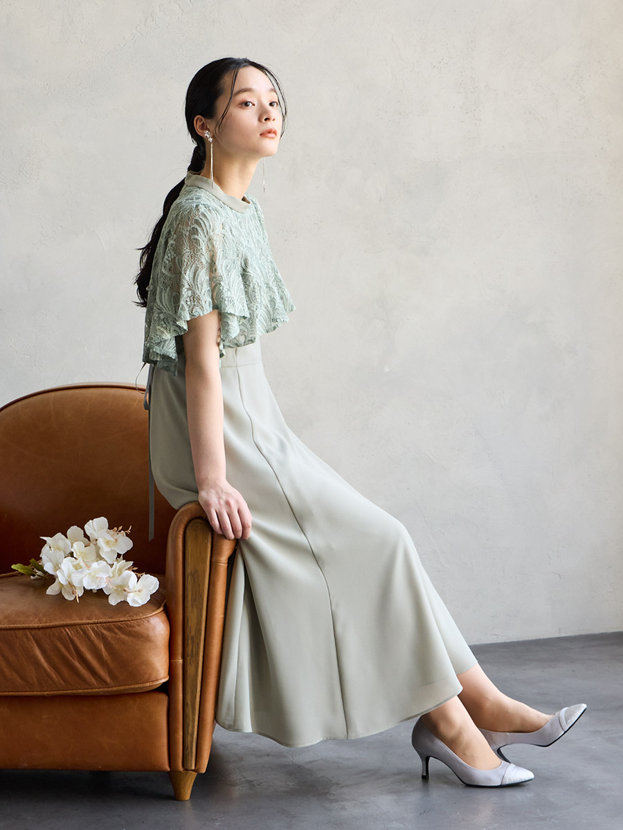 試着キャンペーン対象】レースケープ風スリーブフィット＆フレアドレス