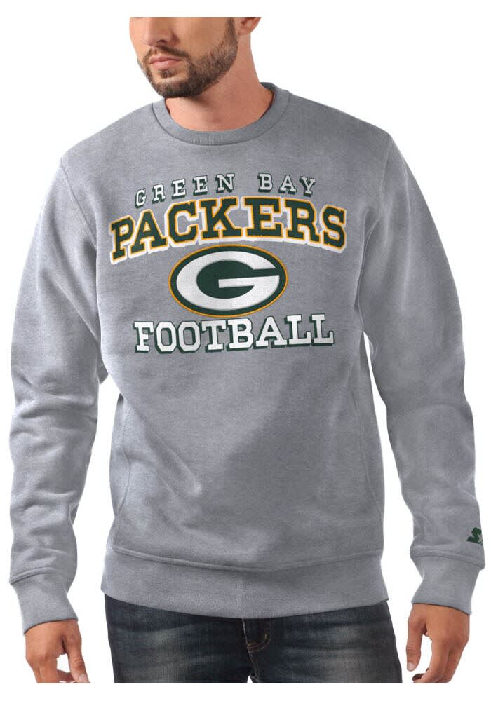Starter Green Bay Packers Mens GREY Sport Drop Crew Sweatshirt