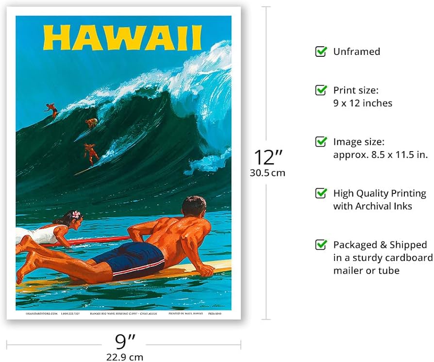 Amazon.com: Hawaii - Big Wave Surfing - Vintage Travel Poster by