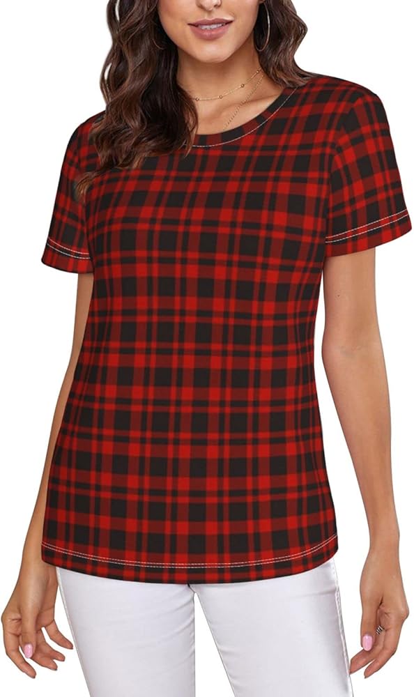 Amazon | 赤黒チェック柄 半袖 レディースtシャツ 半袖 Tシャツ