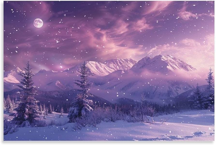 Amazon.co.jp: 絵画 月明かりの夜雪山紫の星空 アートパネル ポスター