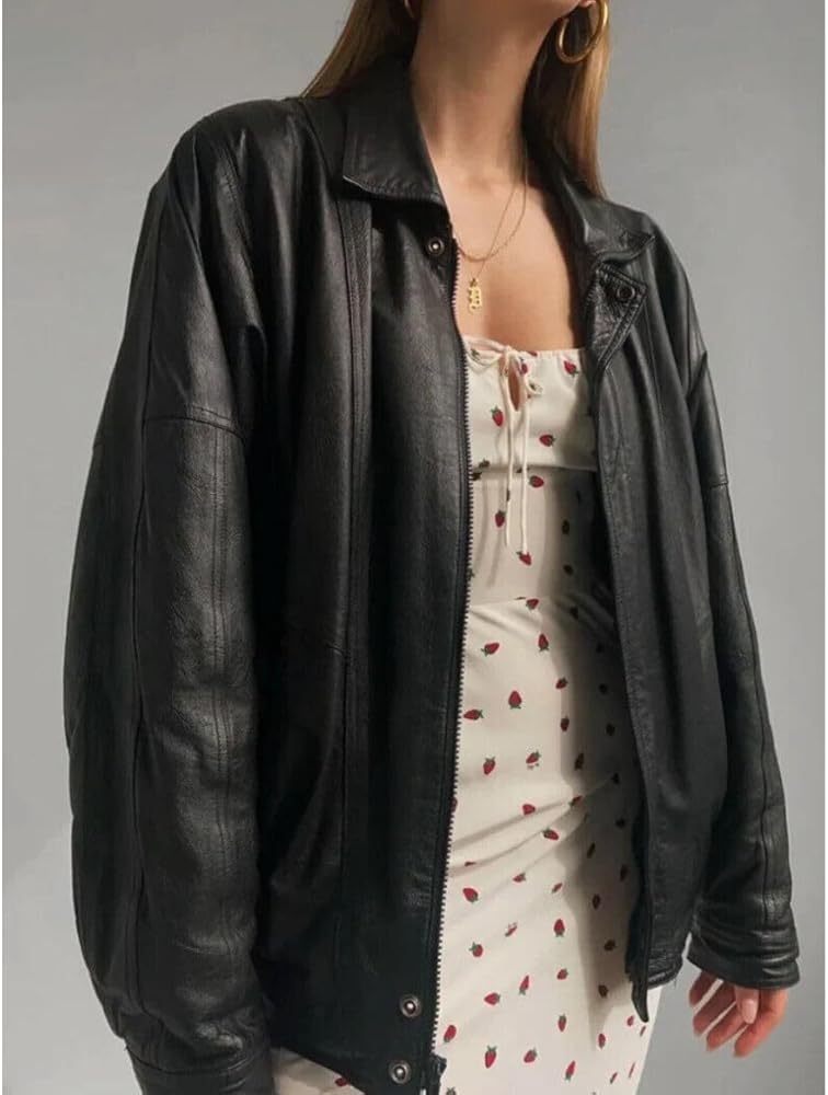 Women's Oversized 90's Vintage Style Black Bomber Leather Jacket