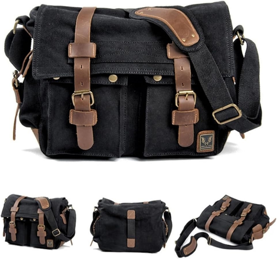 Amazon.com: Canvas Messenger Bag, Genuine Leather Large Shoulder