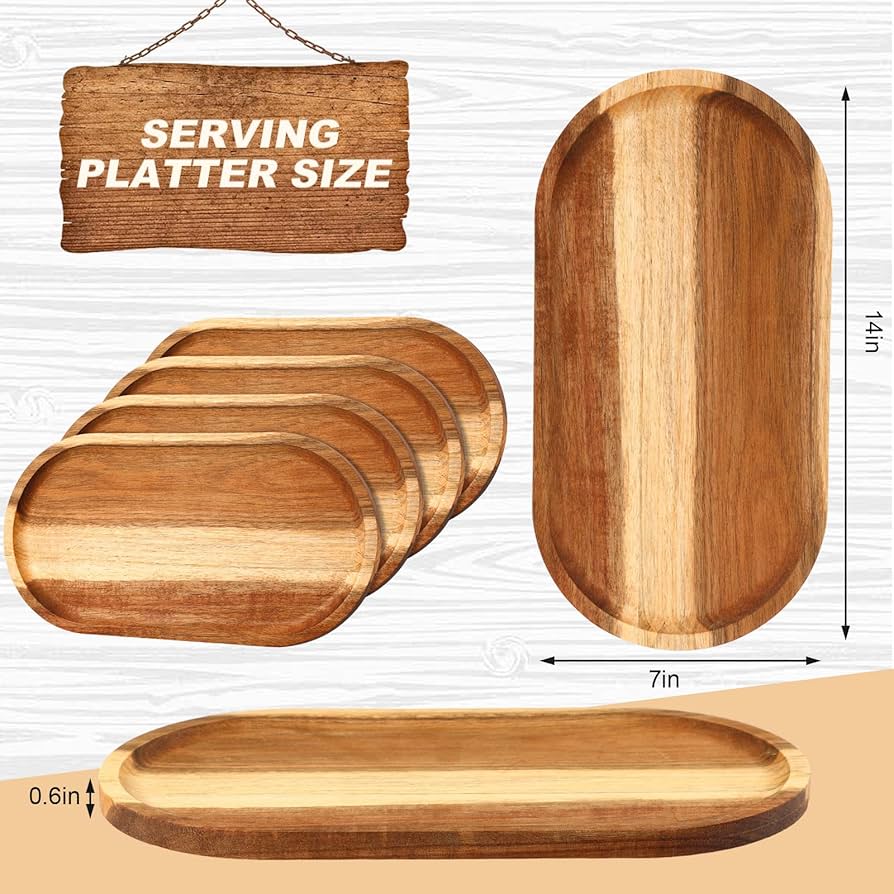 Amazon.com | Yaomiao 4 Pcs Acacia Wooden Serving Tray Oval Shaped