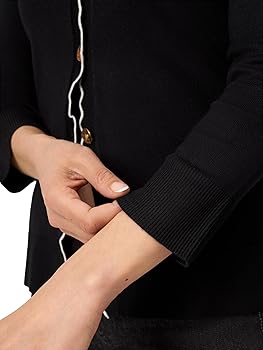 Cable & Gauge Scallop Tip Cardigan, Black with White, L at Amazon