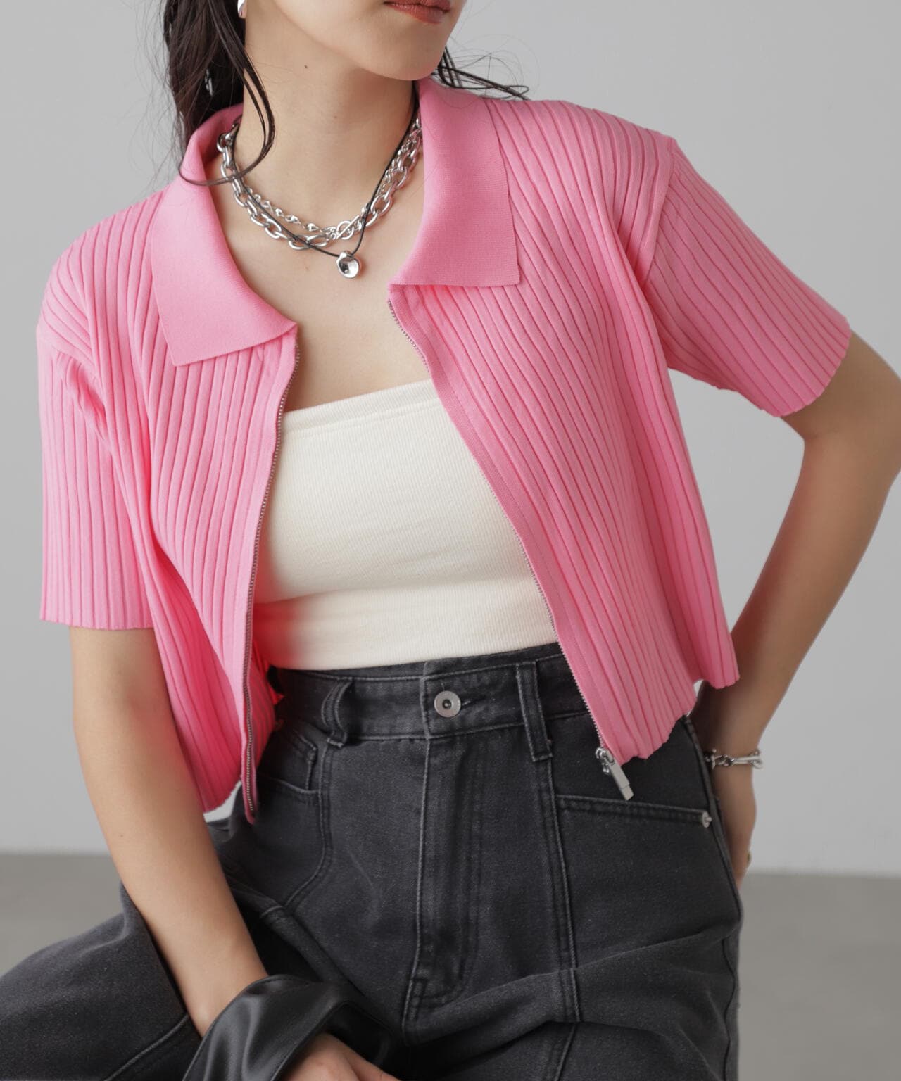 襟付き半袖ジップニットカーディガン | FREE'S MART（フリーズマート