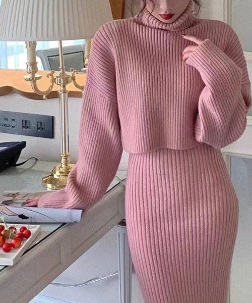 Jasmine】タートルネックトップス＋ニットワンピースセットアップ
