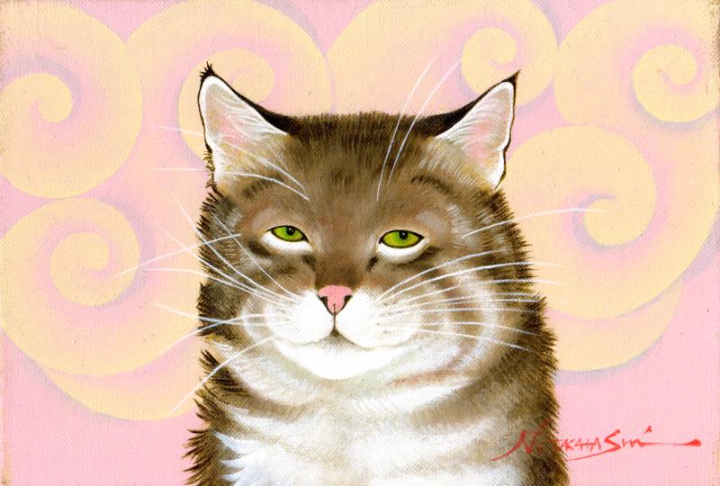猫の絵画を油絵で描いた高橋伸子の猫の絵「寝起き」を通販で販売