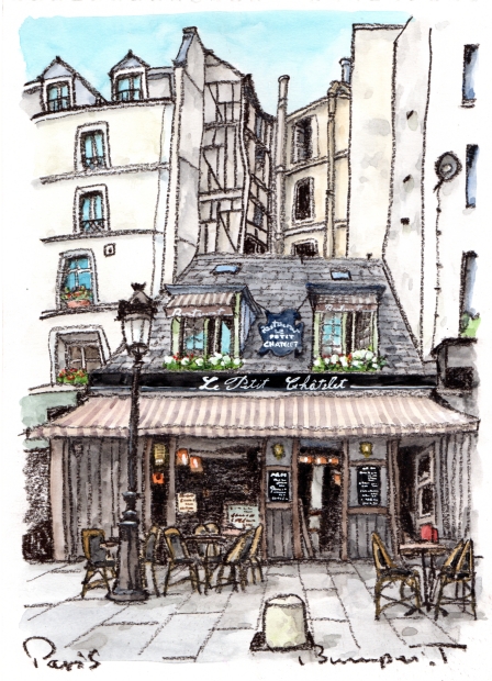 絵画の水彩画で高橋文平が描いたパリの風景画「ビルの谷間の小さな