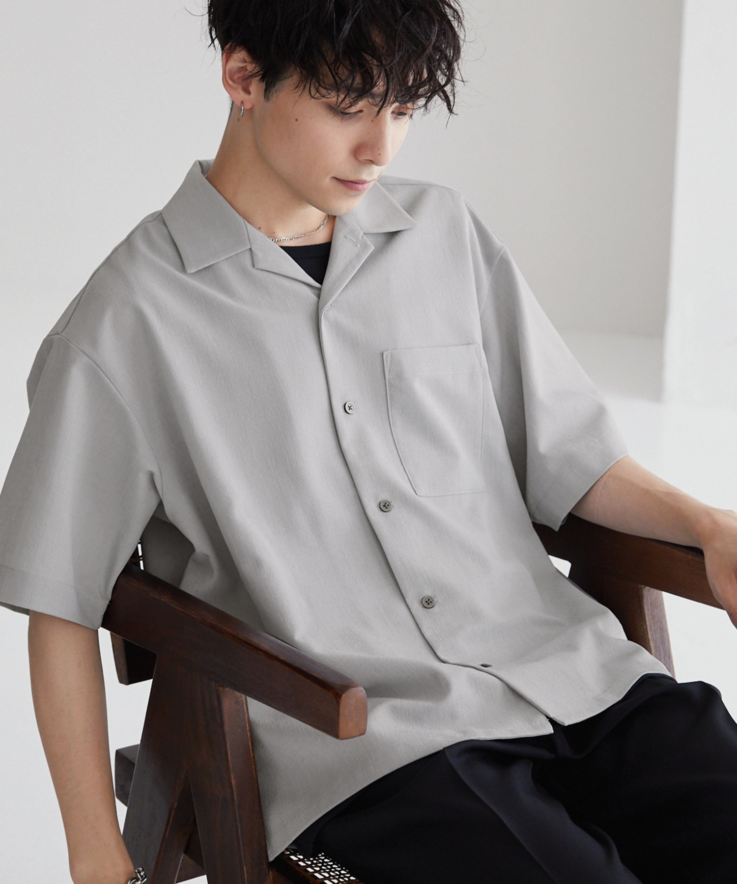 入荷禁止】テックリネンオーバーサイズオープンカラー半袖シャツ