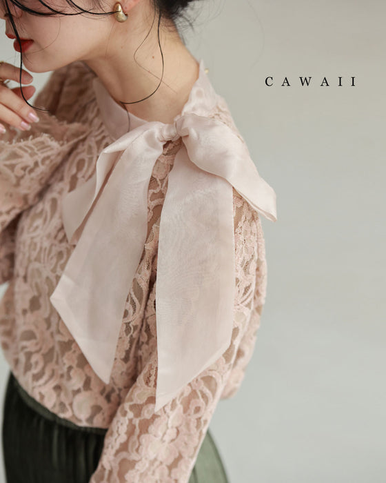 肩にひらりデコレーションリボンの総レースブラウストップス – ONE