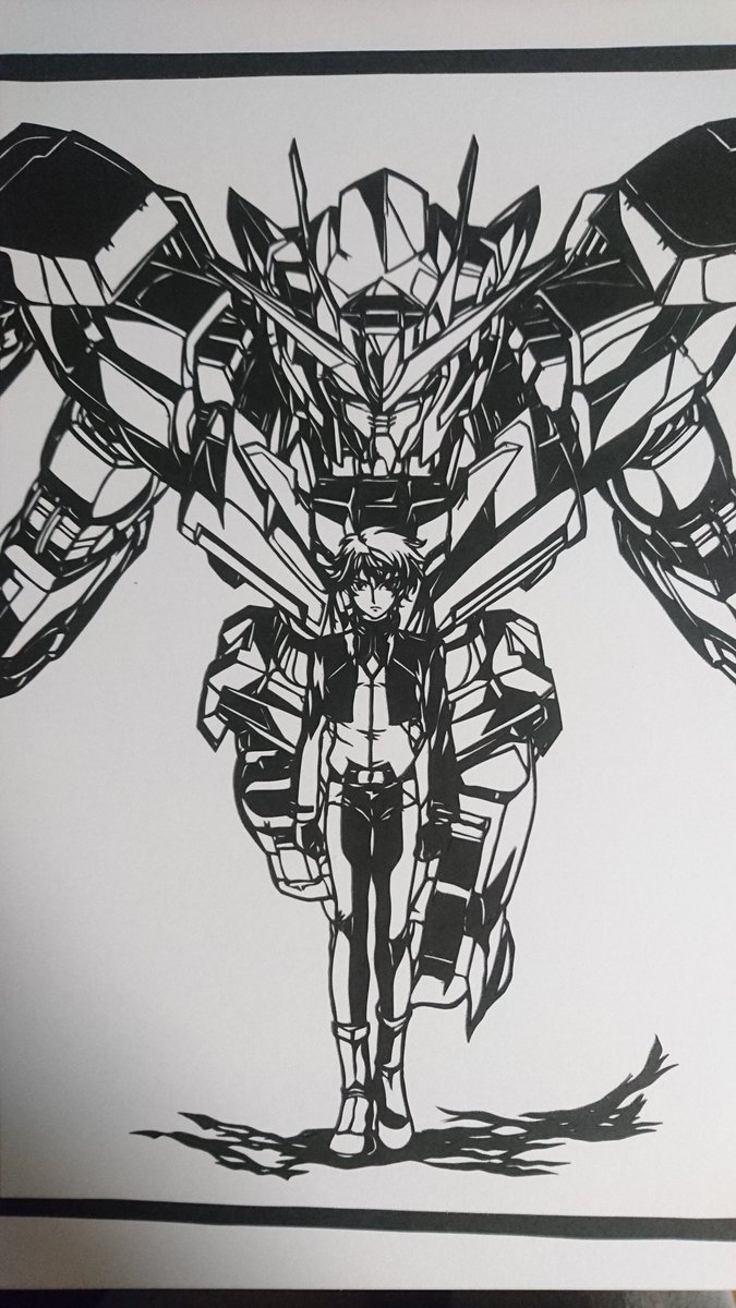刹那とガンダムエクシアです！ ('ω') モノクロ久しぶり！笑笑 #切り絵