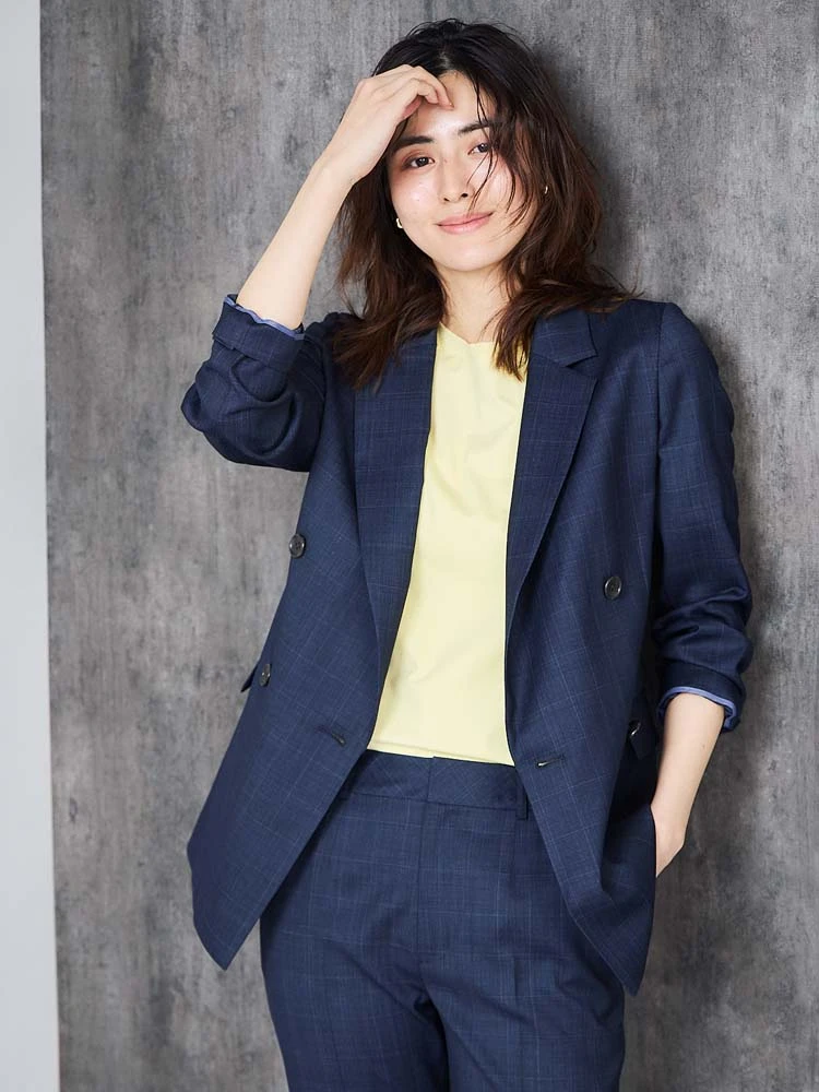 デニムライクスーツ チェック柄 ダブルジャケット ネイビー | P.S.FA