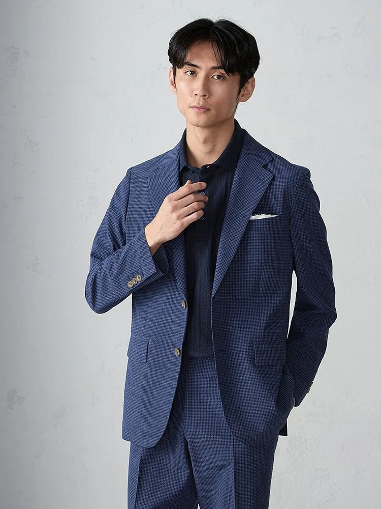 カーキー ウール×シアサッカー ギンガムチェック柄 セットアップ