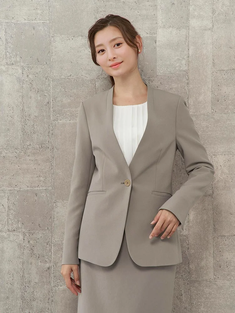 ベージュ 2WAYストレッチスーツ ノーカラージャケット ベージュ