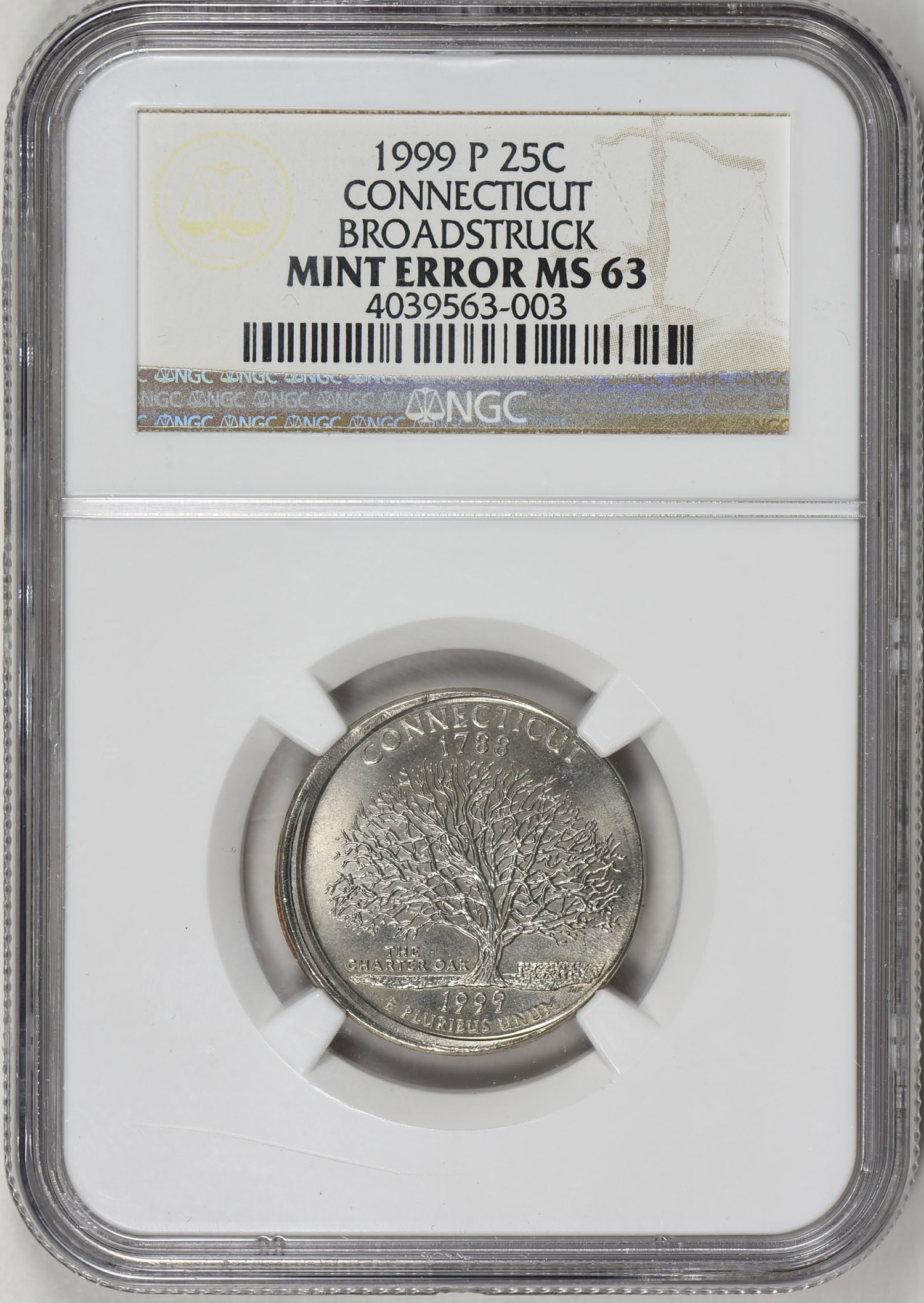 Mint Error 1999-P State Quarter Connecticut Broadstruck NGC MS-63
