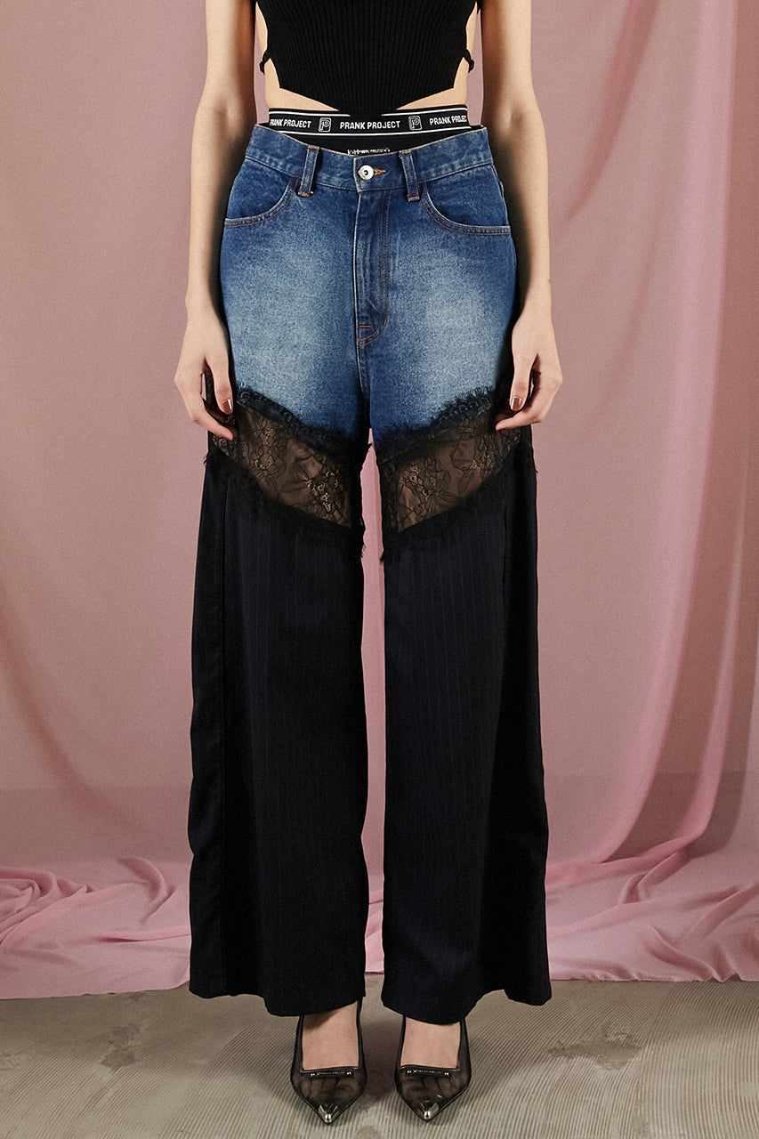 Denim Lace Blocking Pants