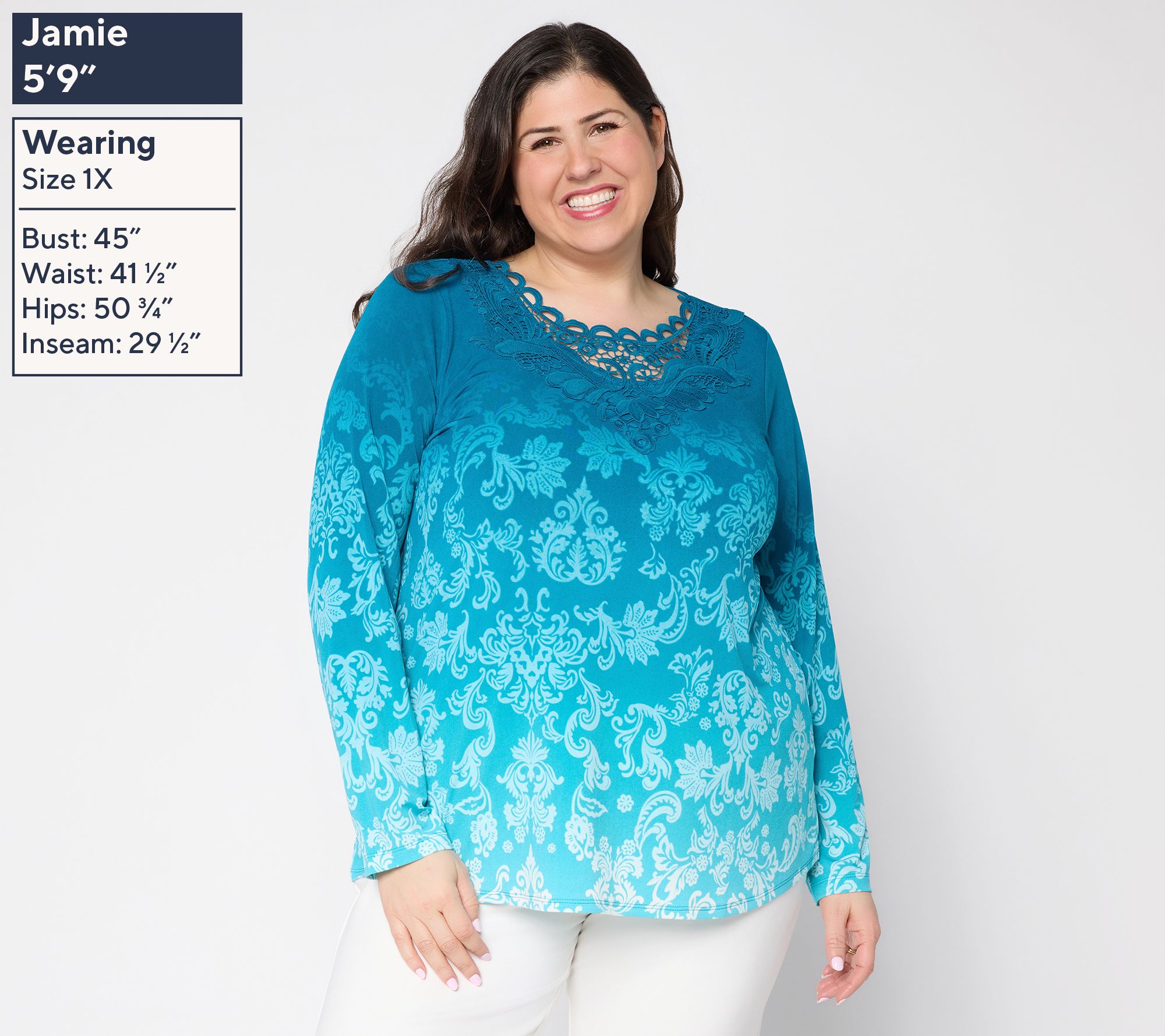 Susan Graver Printed Liquid Knit Top with Lace Applique - QVC.com