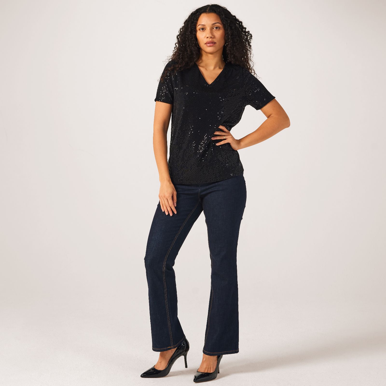 Ruth Langsford Sparkle Jersey Short Sleeve V Neck Top - QVC UK