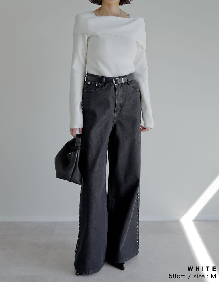 アシメオフショルダーリブニットトップス - トップス通販 | 人気