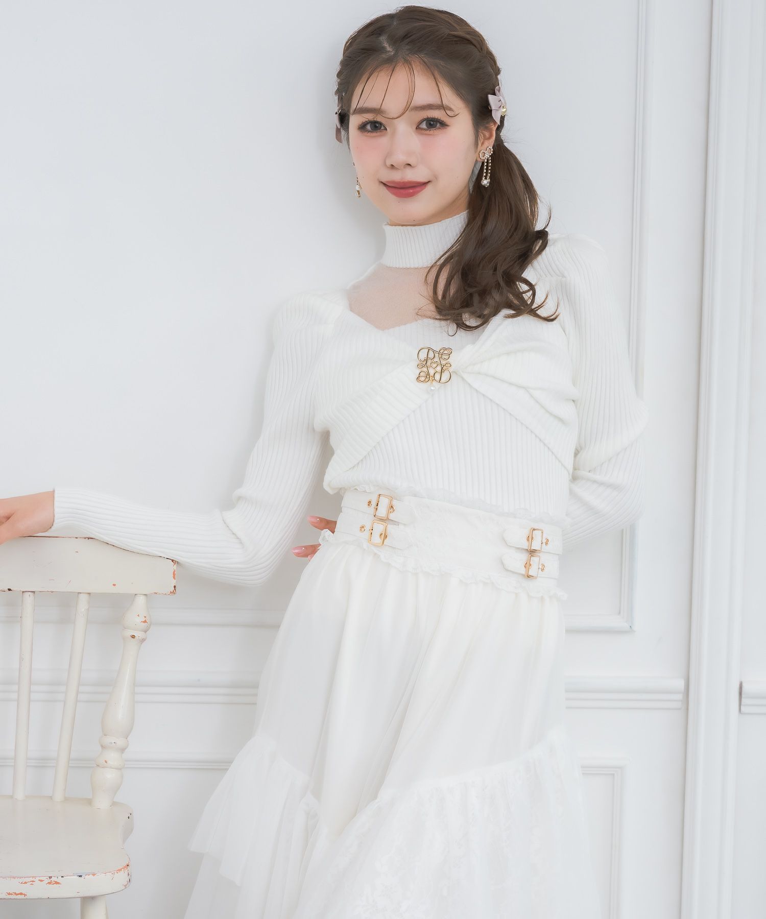 Kleesier パレットオフショルダーリボンニット ホワイト パレットオフ