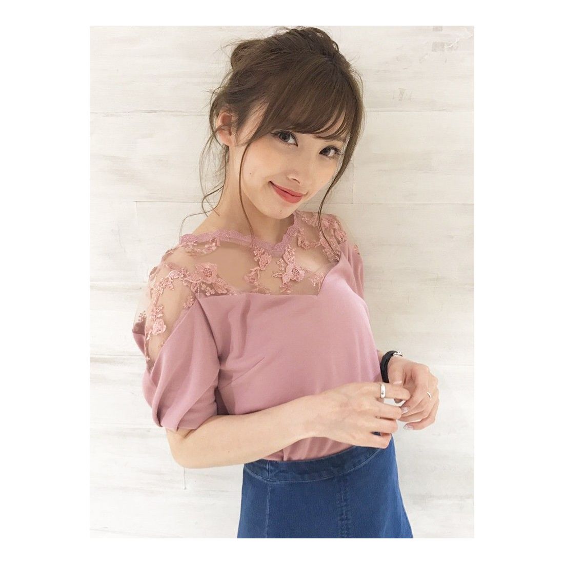 dazzlin 【sw】チュールレースデザイン切替半袖TOPS（ピンク） -靴