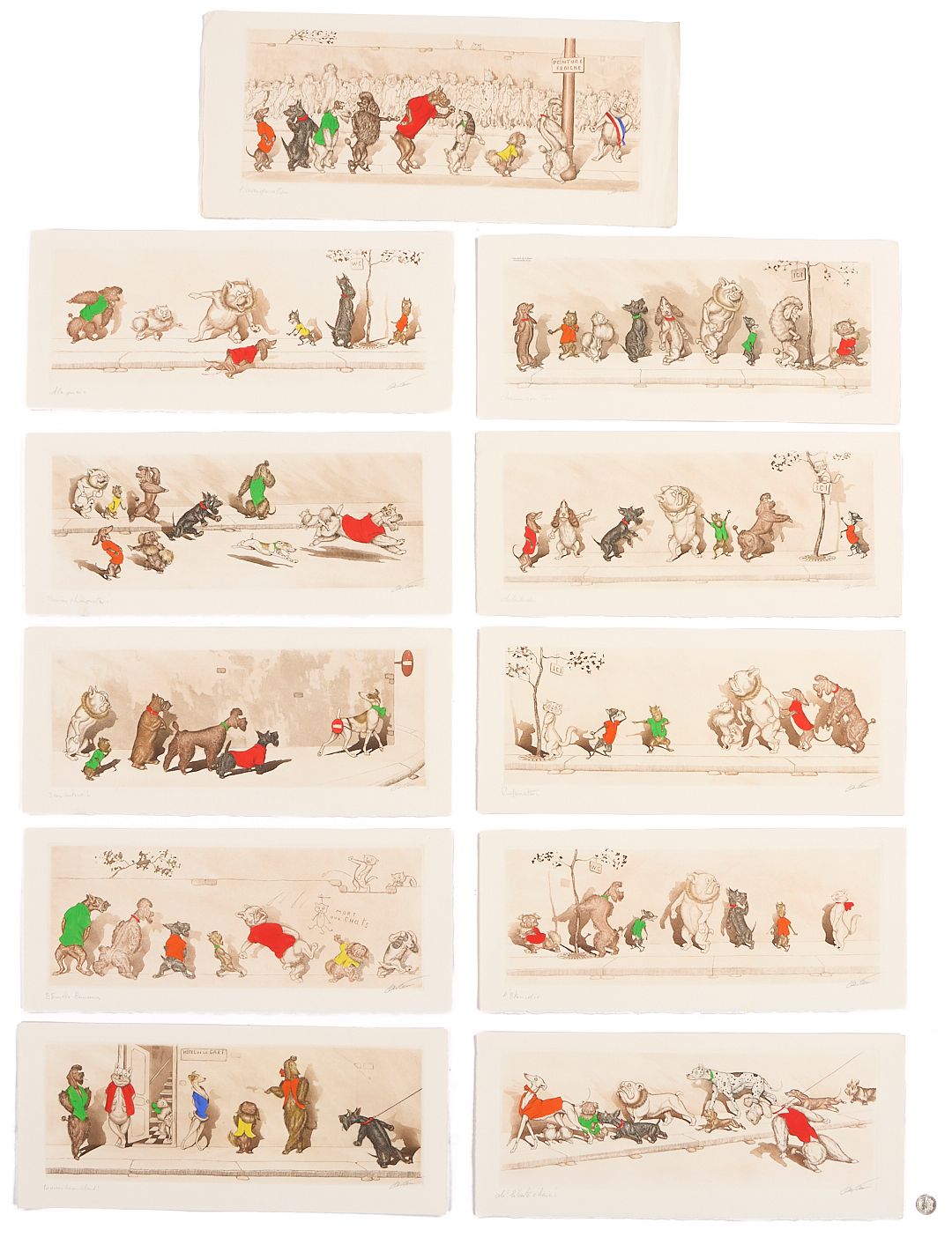 Boris O'Klein, 11 Dirty Dogs of Paris Colored Etchings sold at