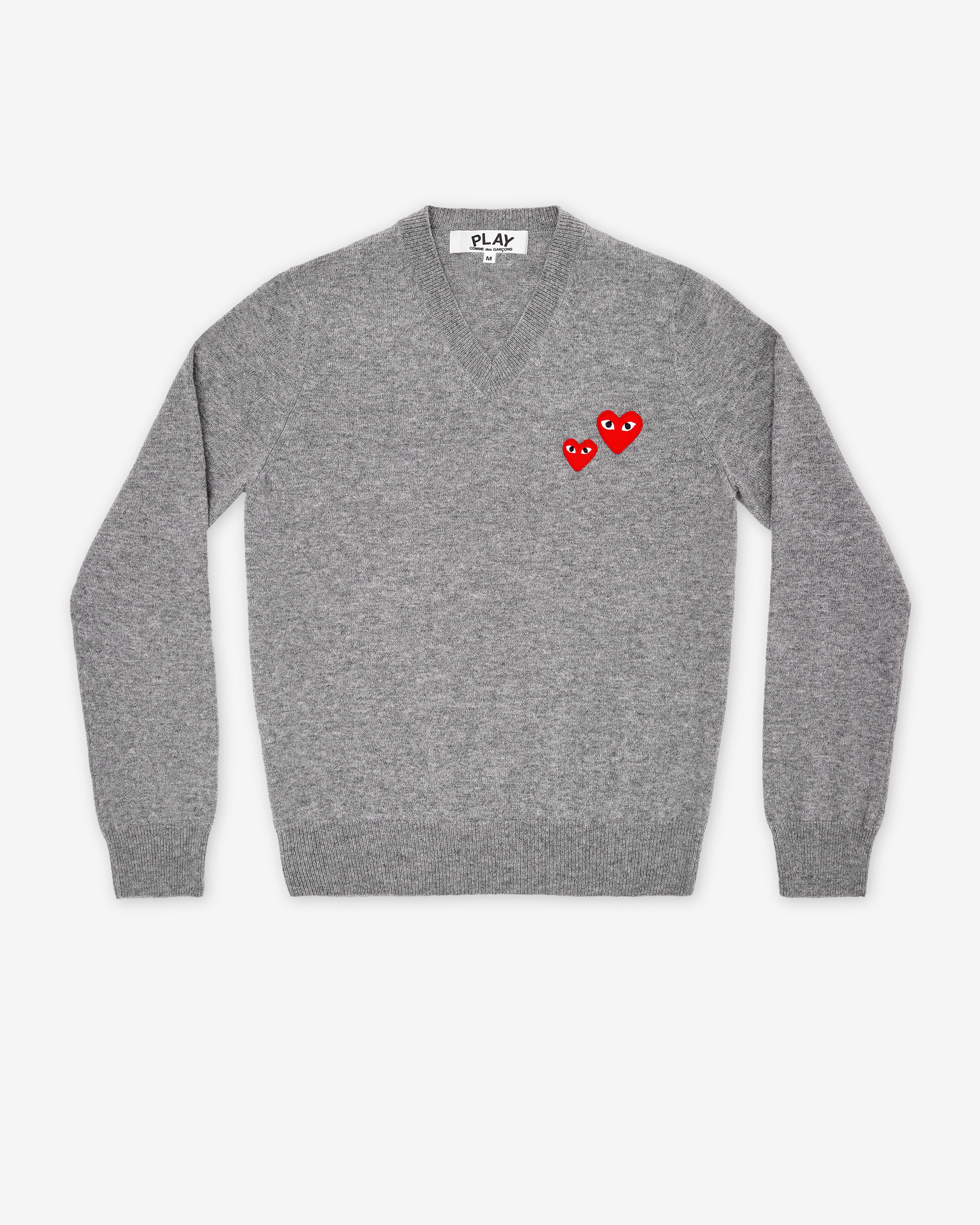 Play Comme des Garçons: V Neck Sweater Double Heart (Grey) | DSMNY