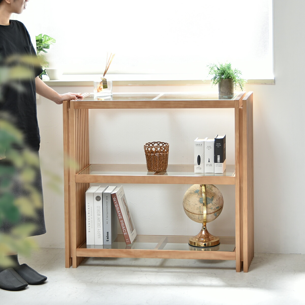 ラック ガラス シェルフ 3段 幅90 北欧 木製 収納 おしゃれ モダン