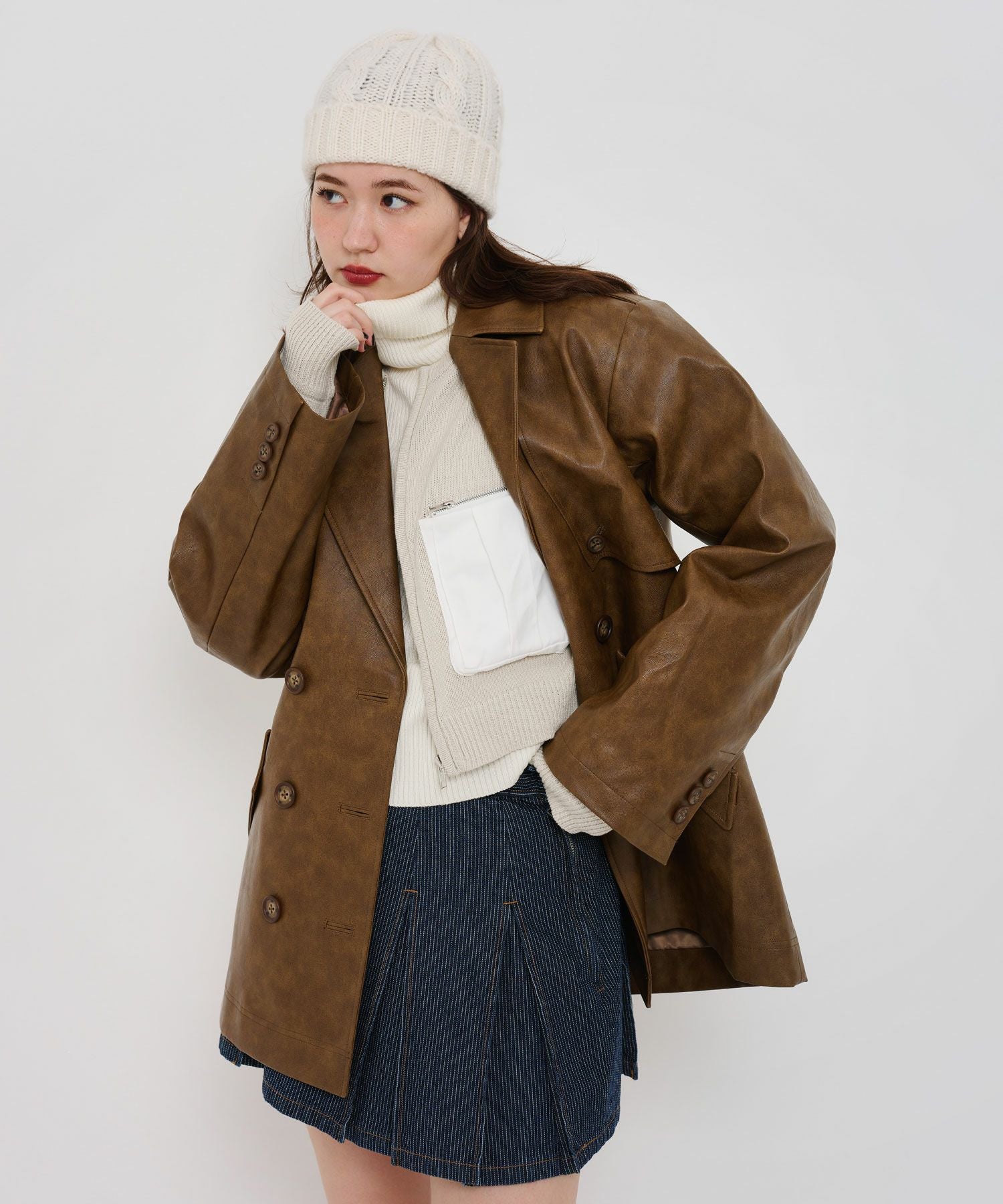 Special-Price-SALE フェイクレザー ダブルブレストジャケット TINA