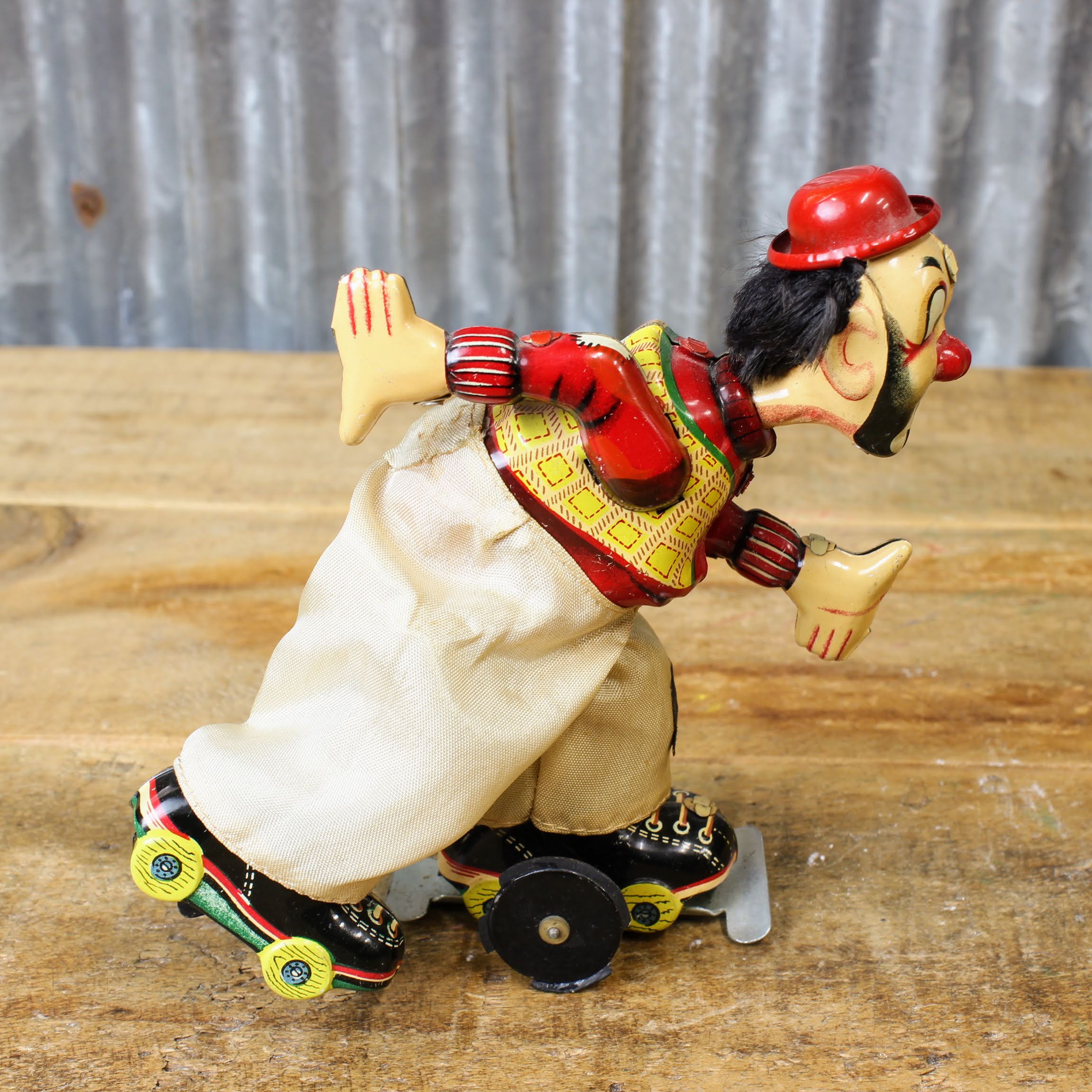 ☆動作済☆人気絶大 ブリキ50'S ピエロのローラースケート箱付☆全高