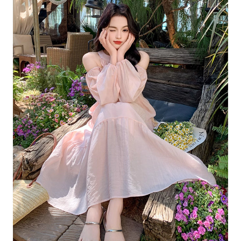 オープンショルダーティアードワンピース(5colors)（ピンク・白・青