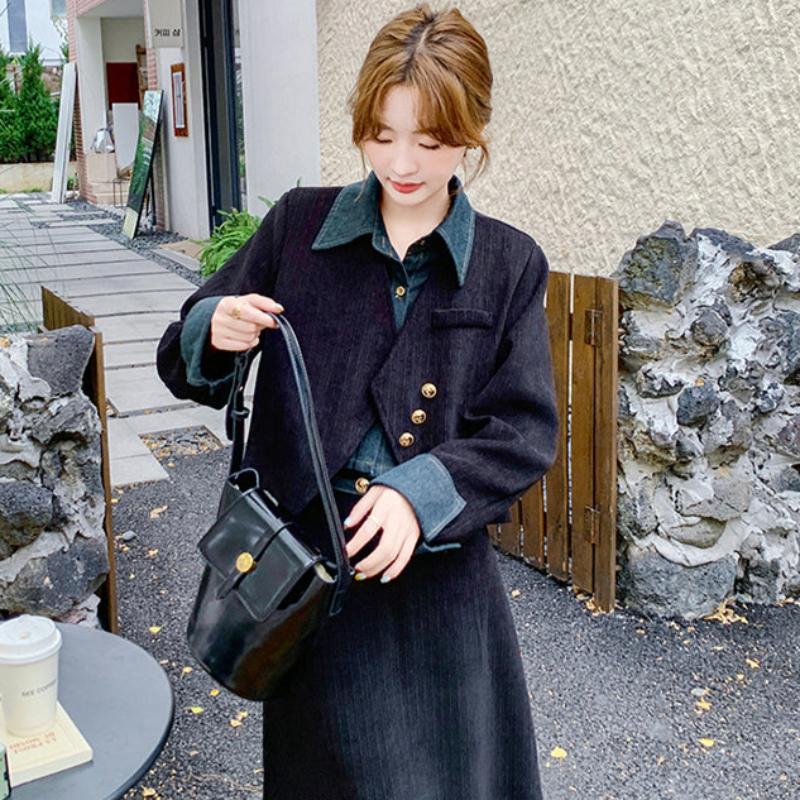 コーデュロイフェイクジャケット×スカートセットアップ（青）秋/冬