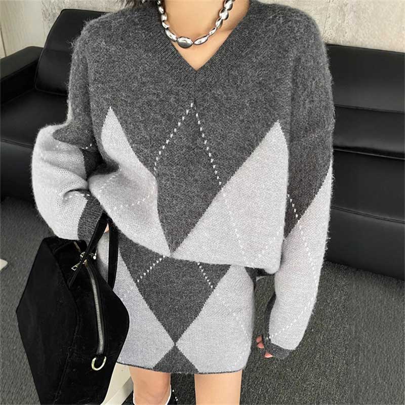 アーガイル柄ニットセットアップ(2colors)（灰・赤）秋/冬 アーガイル