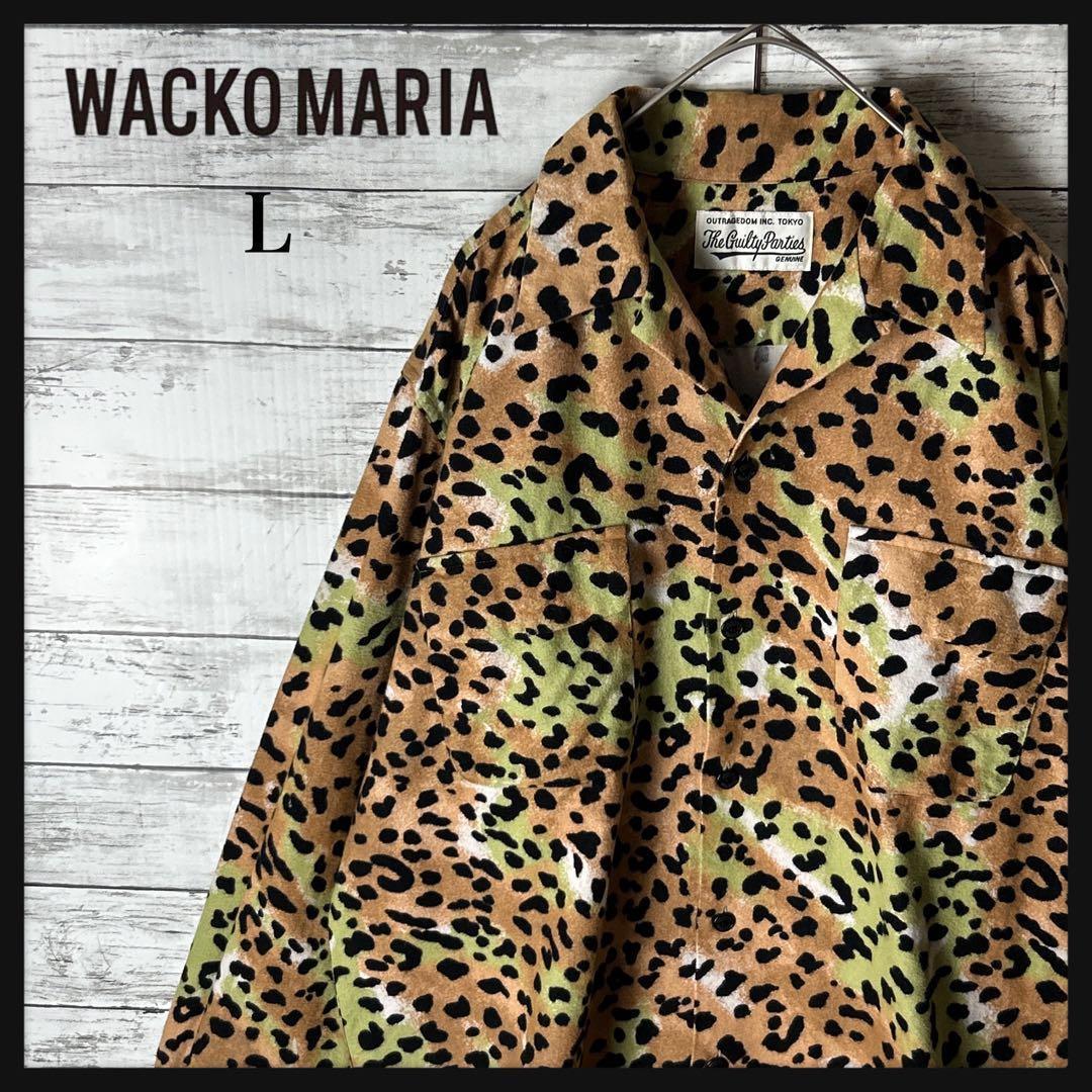 3254M【美品】ワコマリア☆レオパード/ヒョウ柄 長袖 ハワイアンシャツ