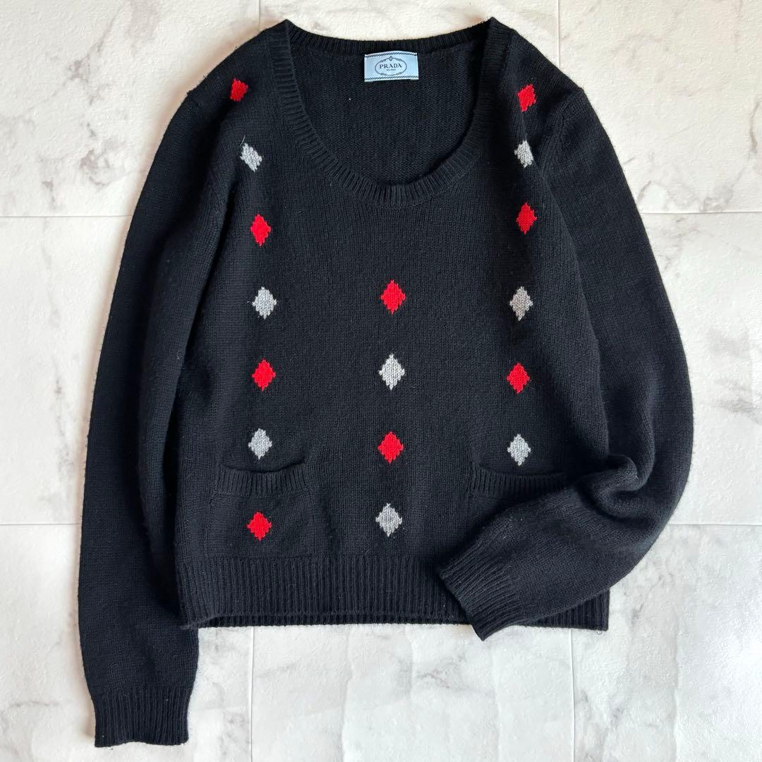 PRADA プラダ カシミヤ100% Uネックニット セーター 40 ブラック PRADA（プラダ） カシミヤ100％ セーター ニット ハーフボタン 黒