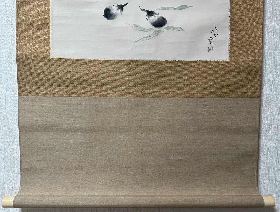 掛け軸　横物［茄子枝豆にコオロギ図］肉筆 木箱無し！