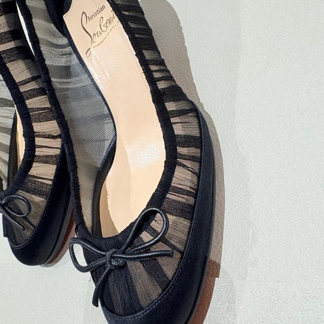 【美品】裏張り済 ルブタン ブラックシフォン リボンパンプス 37 フォーマル 85 mm パンプス - パテントレザー - ブラック - ウィメンズ