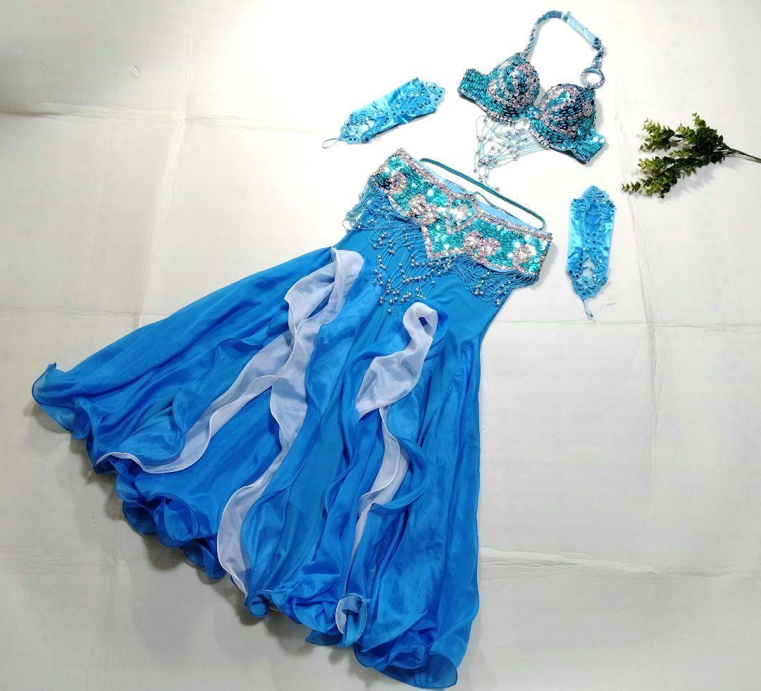 ベリーダンス衣装ブルー オリエンタル アームカバー付M-L水色マーメイドフレアー ベリーダンス衣装ブルー オリエンタル アームカバー付M-L水色