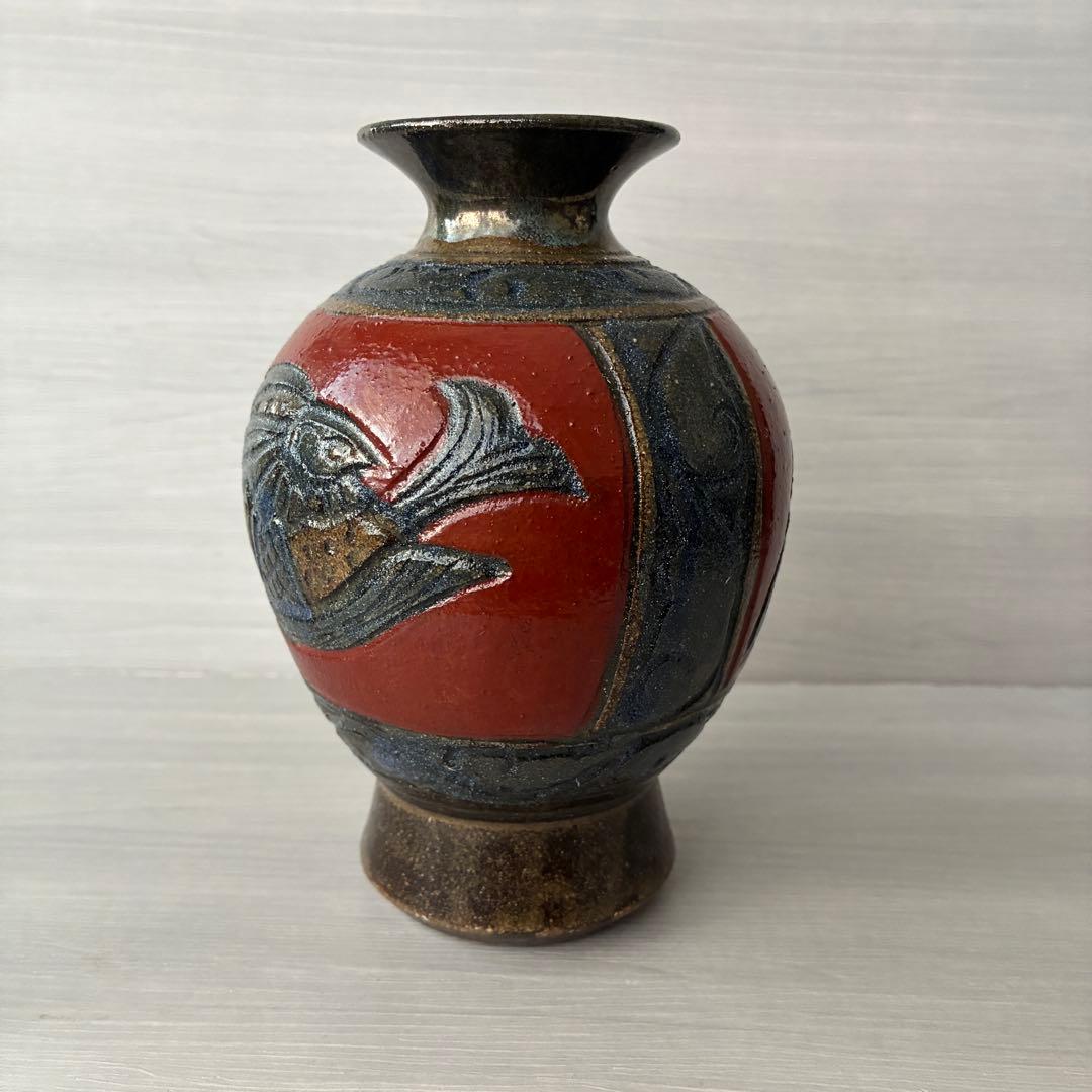 壺屋焼 小橋川清正 赤絵 魚紋 花瓶 沖縄 花器 インテリア 壺 工芸品