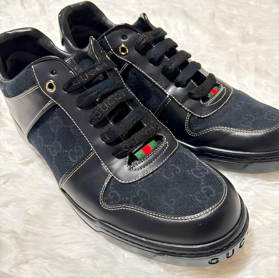 美品/グッチ GUCCI スニーカーGGキャンバス /レザー黒 25.5cm
