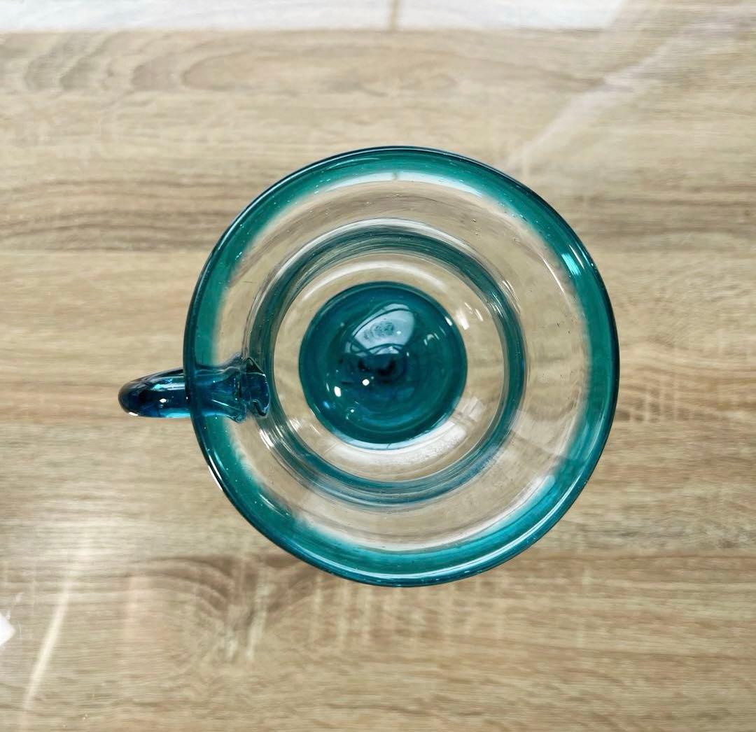 骨董 時代ガラス 希少青緑色フチ 取手付き アイスクリームグラス 氷コップ