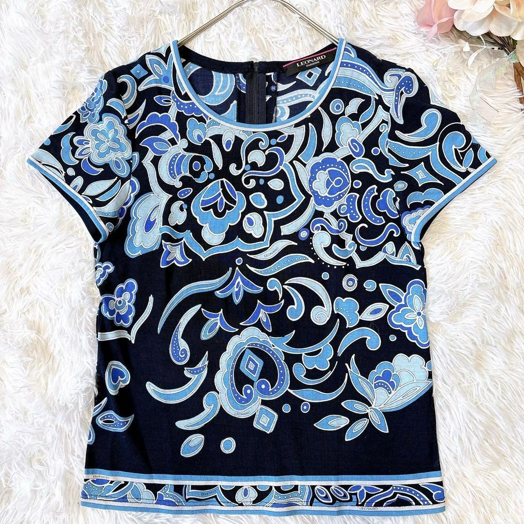 レオナール 花柄 ペイズリー 半袖カットソー 青系 40 L 綿 日本製