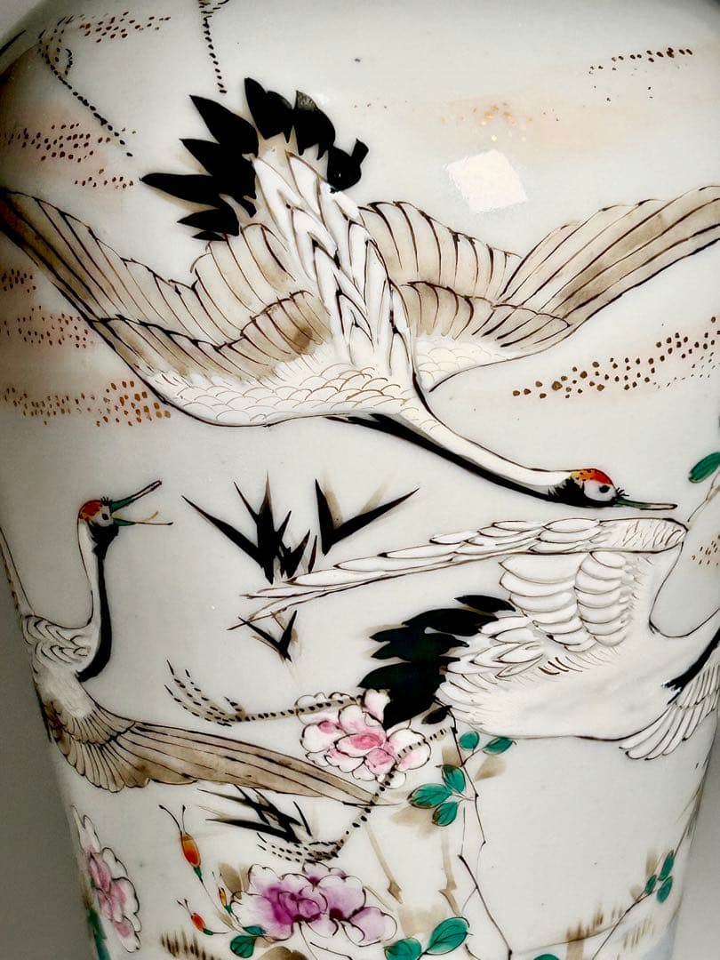 明治瀬戸の名工 加藤繁十 桃花園画 上絵飛鶴文花瓶